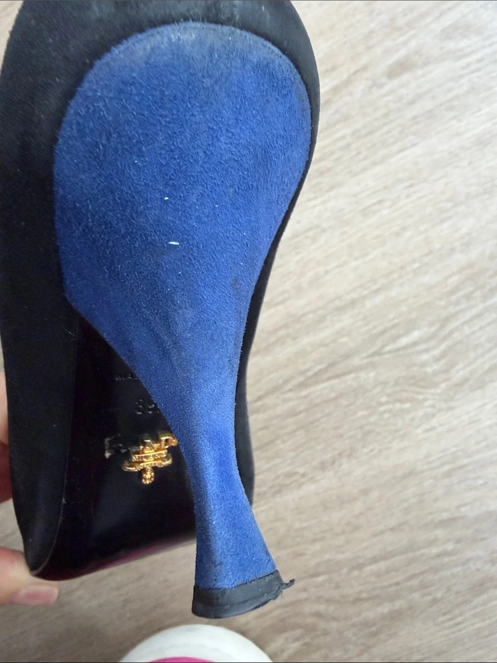 Prada Black Suede Peep Toe Pumps Blue Heels Size 39.5